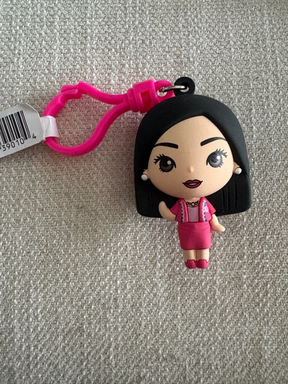 Mattel Barbie Black Hair Keychain Figure with Hot Pink Clip and Black Hood